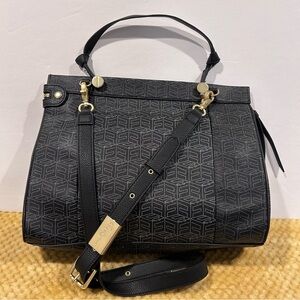 Foley + Corinna signature print black Dione satchel. Single handle + crossbody.